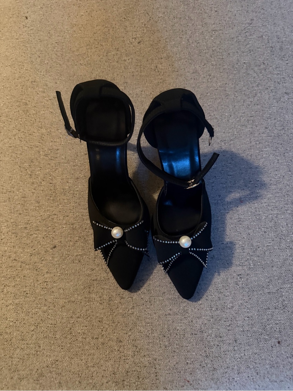 Black Pearl-Accent Pointed Ankle-Strap Heels
